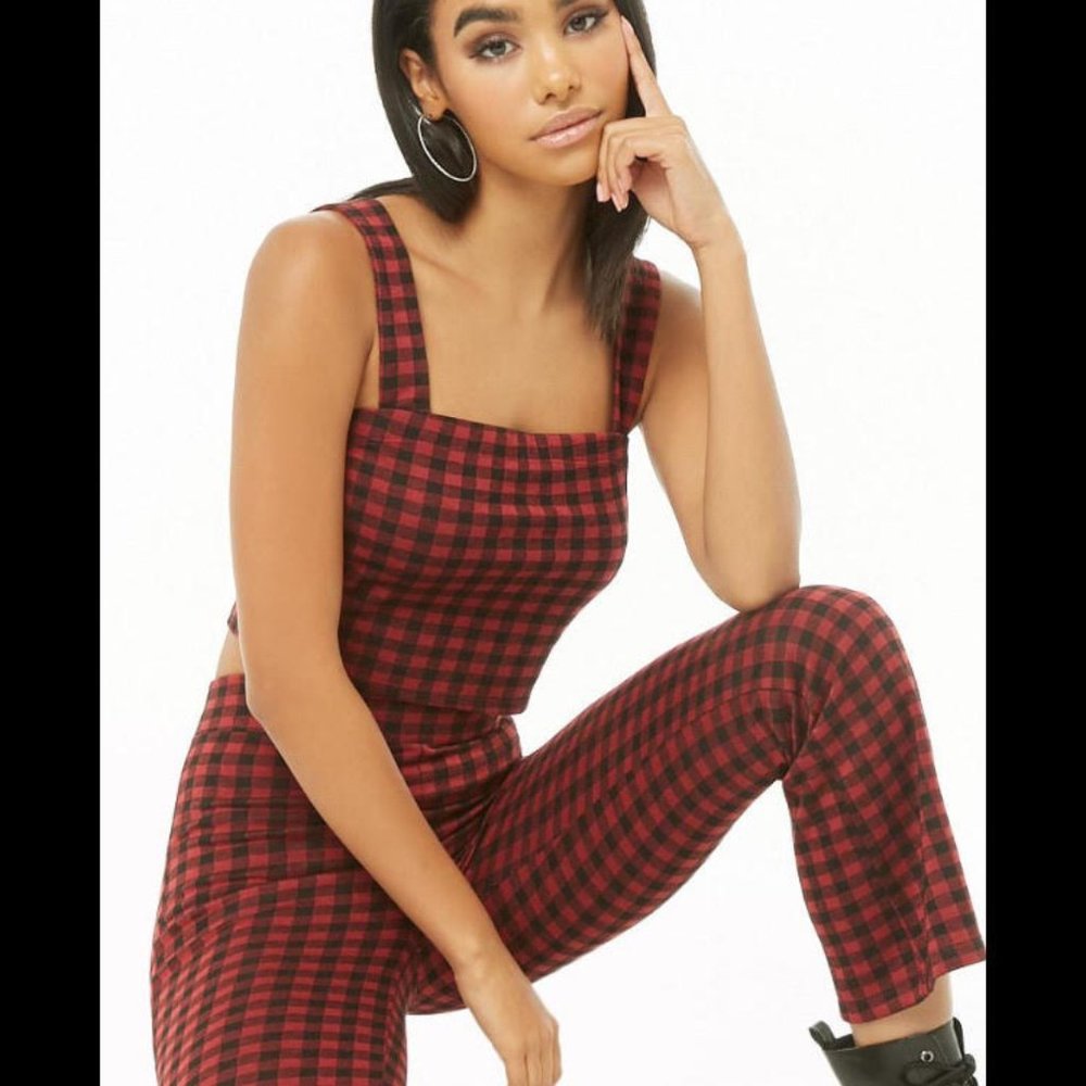 Women's Red and Black Plaid Crop Top & Pants Set - Size S- FOREVER 21- TWO PIECE